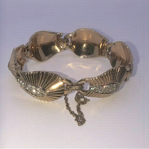 BOUCHER Gold Plated White Crystal MCM Leaf Design Link Bracelet 7” Vintage - Picture 5 of 8